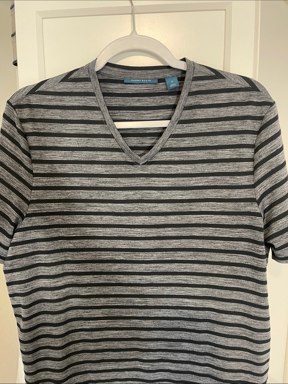 Perry Ellis Gray & Black Striped V-Neck Tee